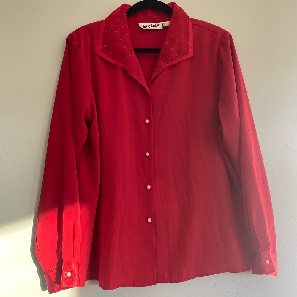 90s Vintage Red Polkadot Collar Pearl Button-Up Blouse